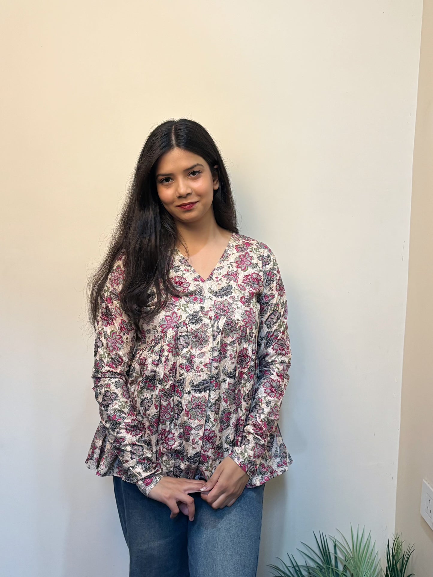 Floral White and Purple Short Kurti