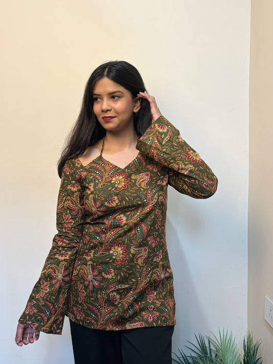 Olive Green Lotus Neck Kurti