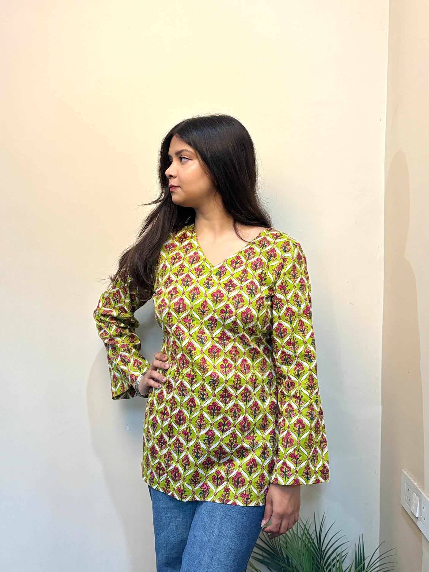 Green Floral Short Kurti