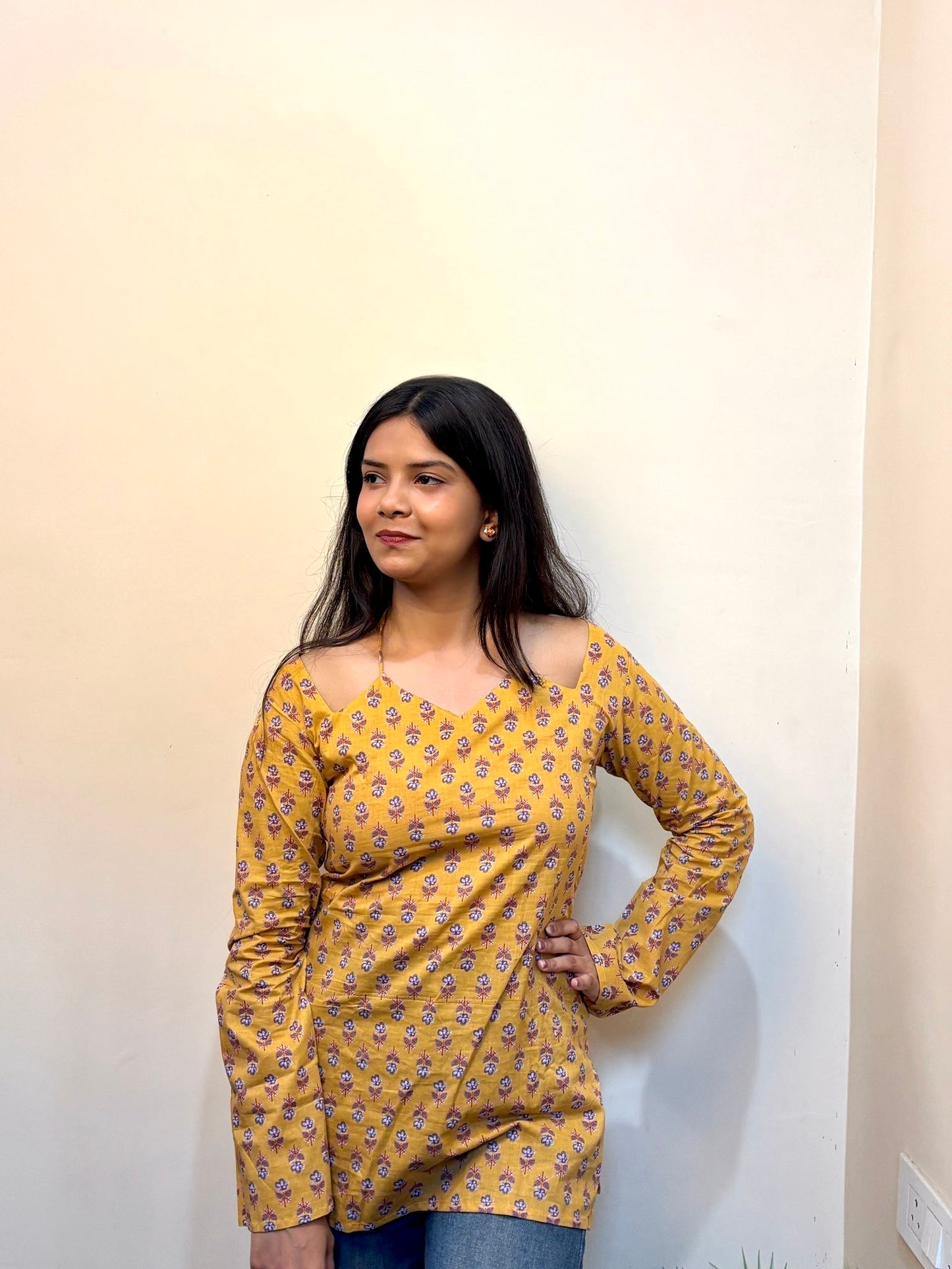 Mustard Yellow Lotus Neck Kurti