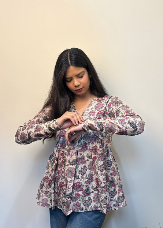 Floral White and Purple Short Kurti