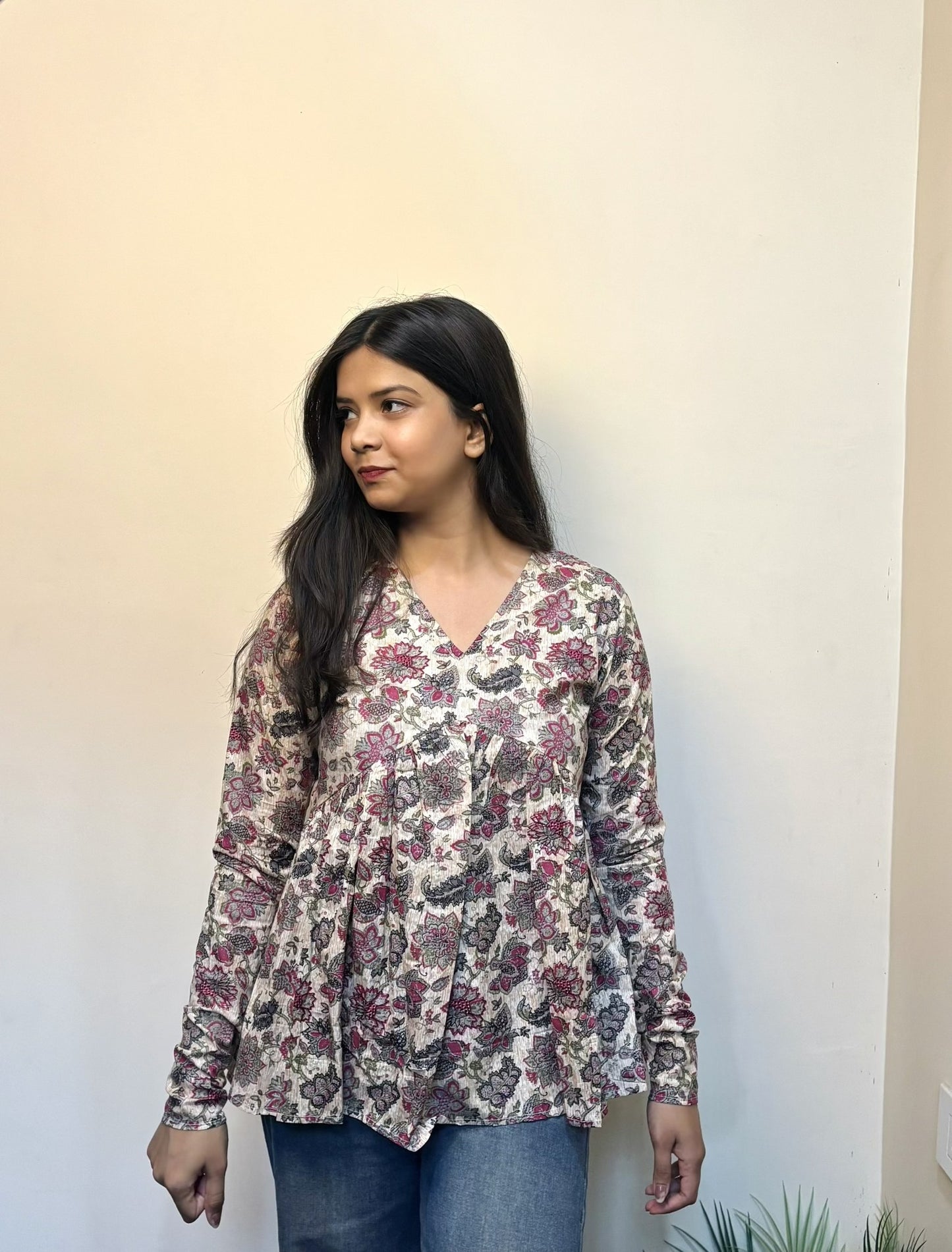 Floral White and Purple Short Kurti