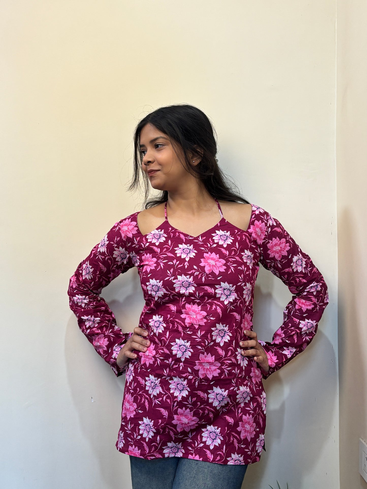 Wine Pink Lotus Neck Short Kurti