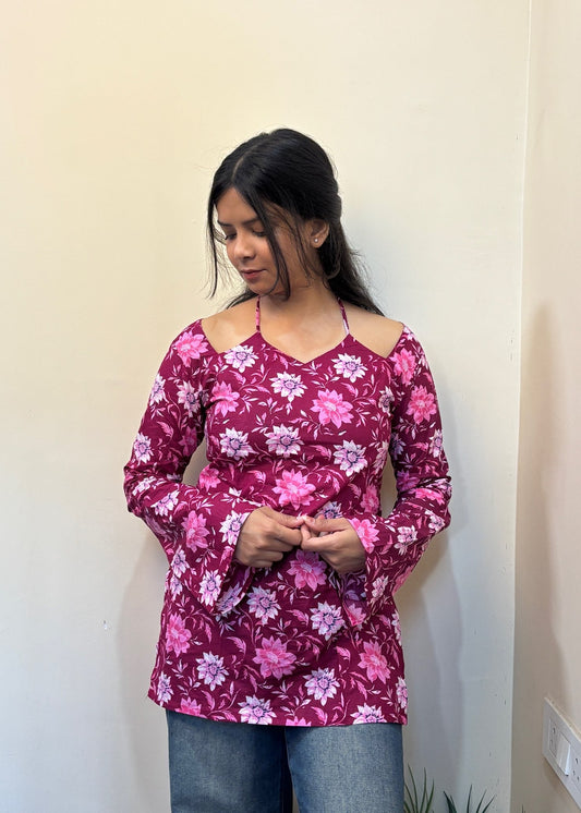 Wine Pink Lotus Neck Short Kurti