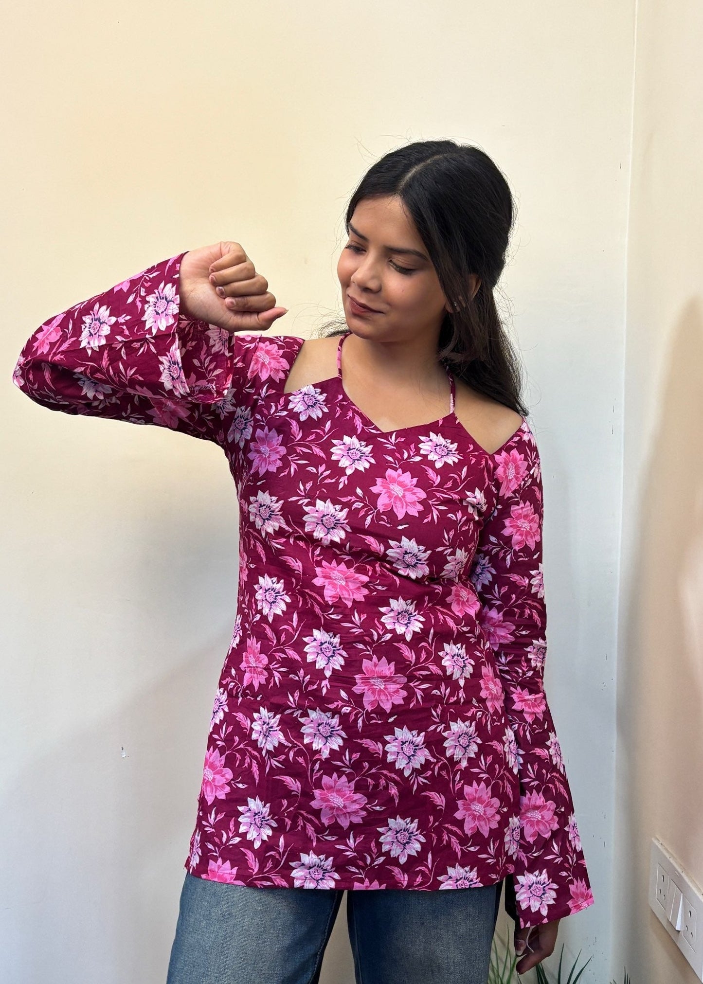 Wine Pink Lotus Neck Short Kurti