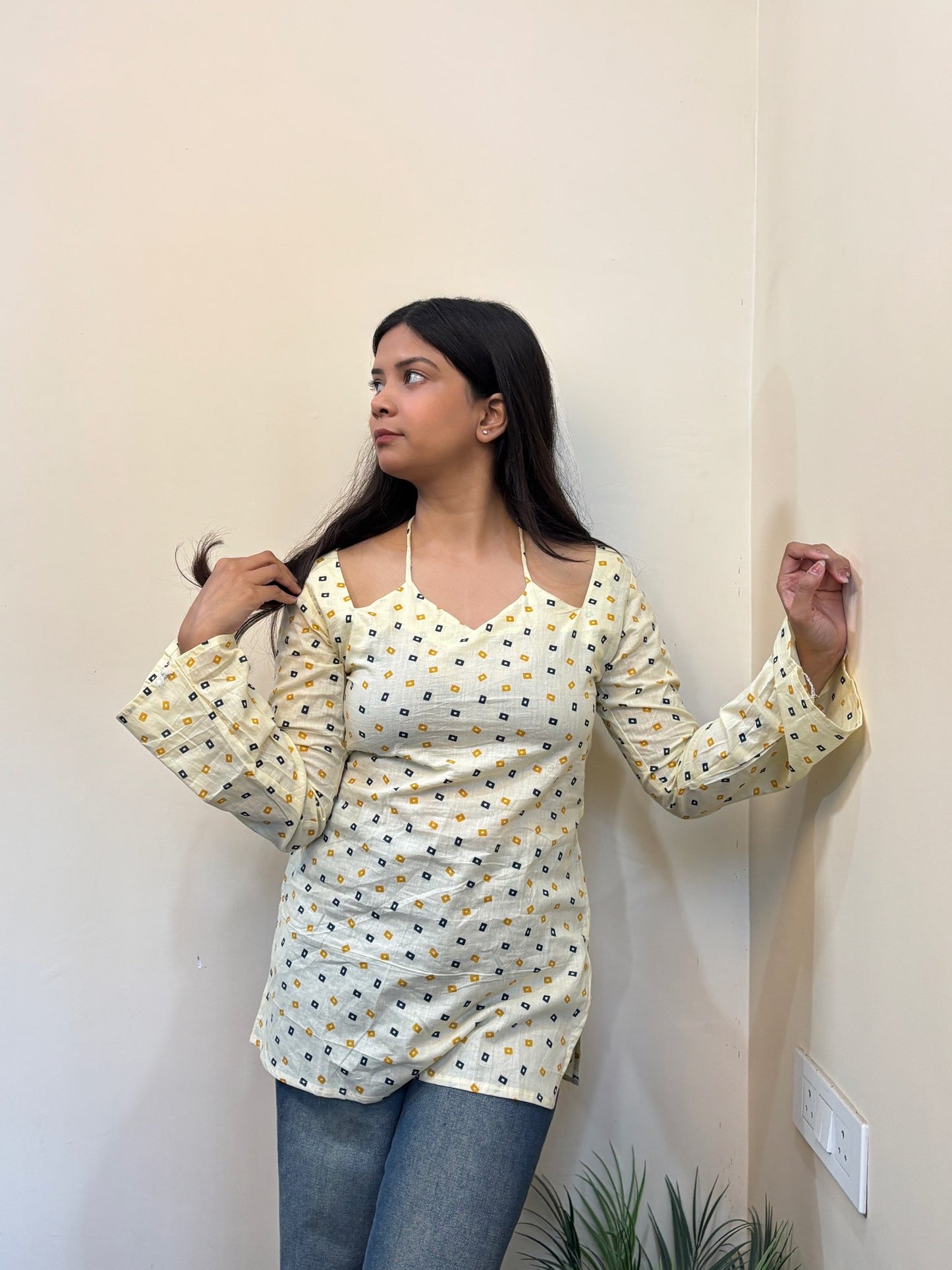 Off-White Lotus Neck Kurti