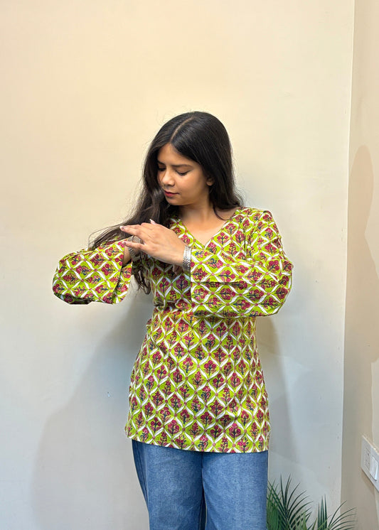 Green Floral Short Kurti