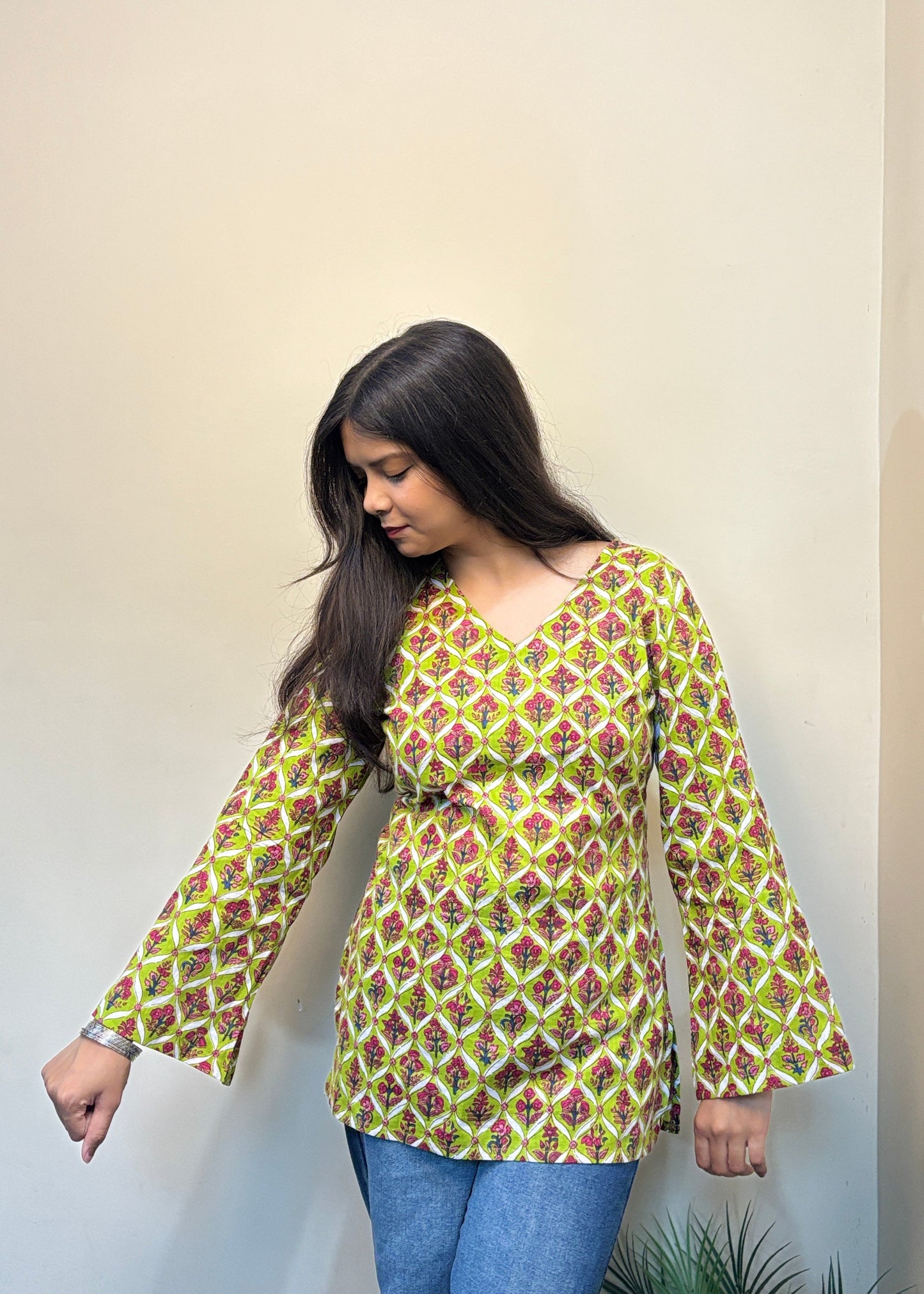 Green Floral Short Kurti