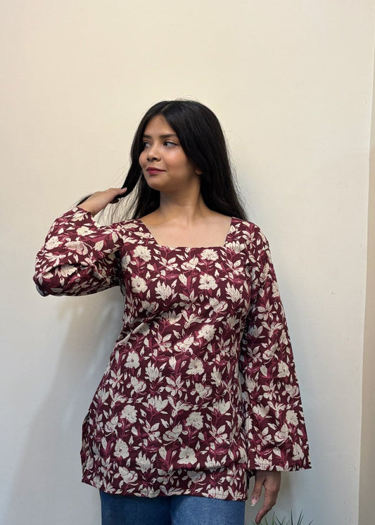 Mahroon Square Neck Short Kurti