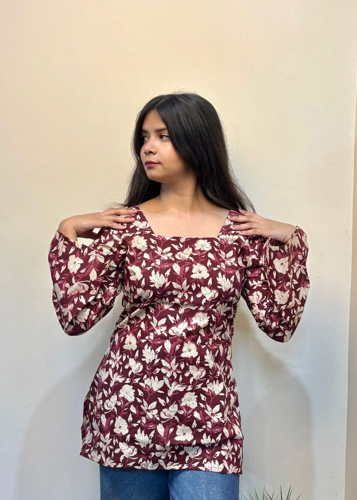 Mahroon Square Neck Short Kurti